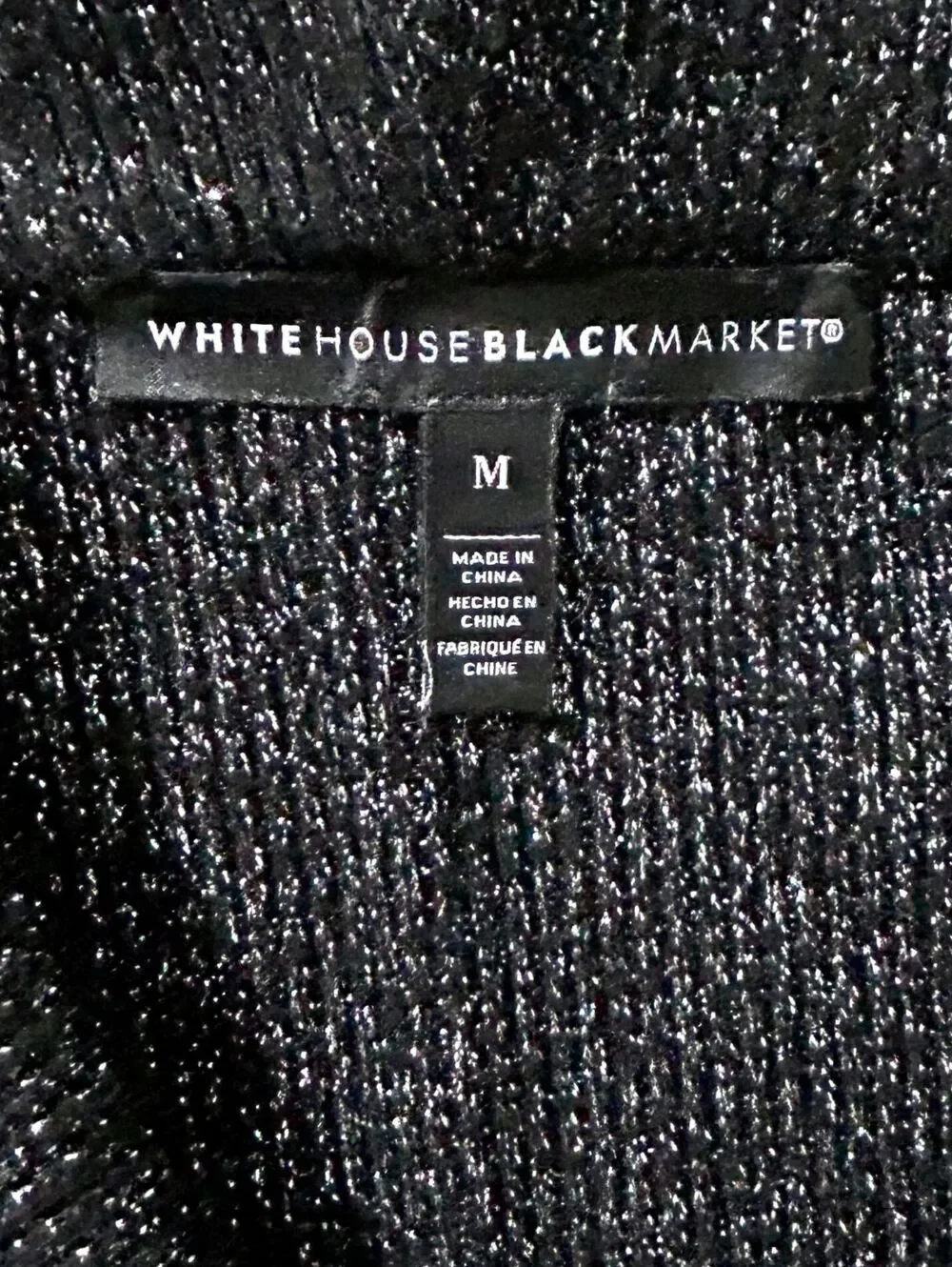 WHITE HOUSE BLACK MARKET Womens M Black Glitter Faux Wrap Cowl Neck Slit Sweater